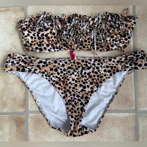 Victoria Secret brown/white/black animal print strapless bikini with fringe; L - Picture 1 of 6